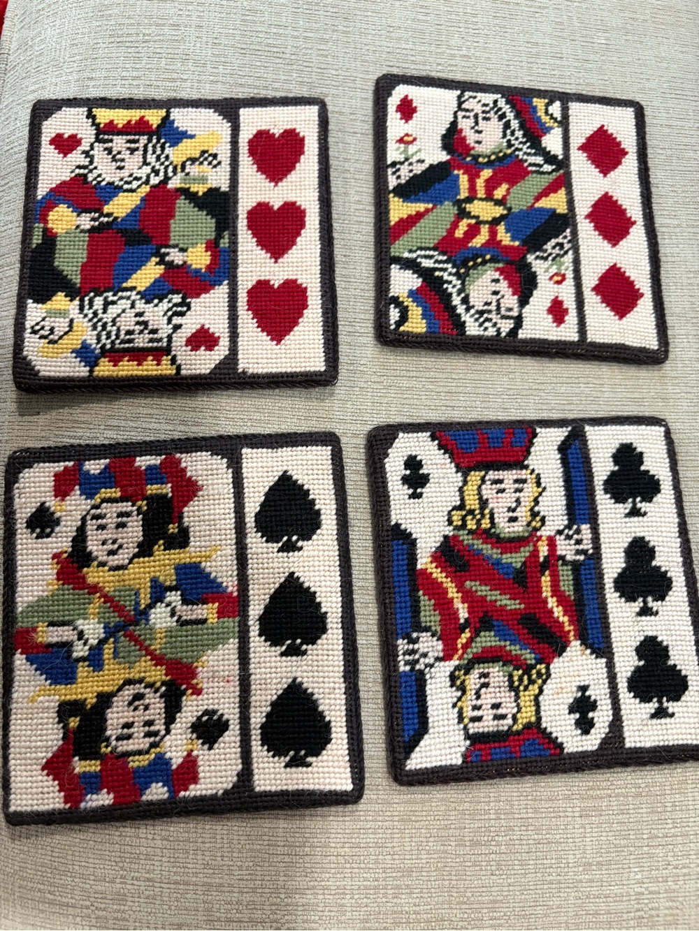 Vintage Card Suit Needlepoint Coasters Hearts Clubs Diamonds set of 4